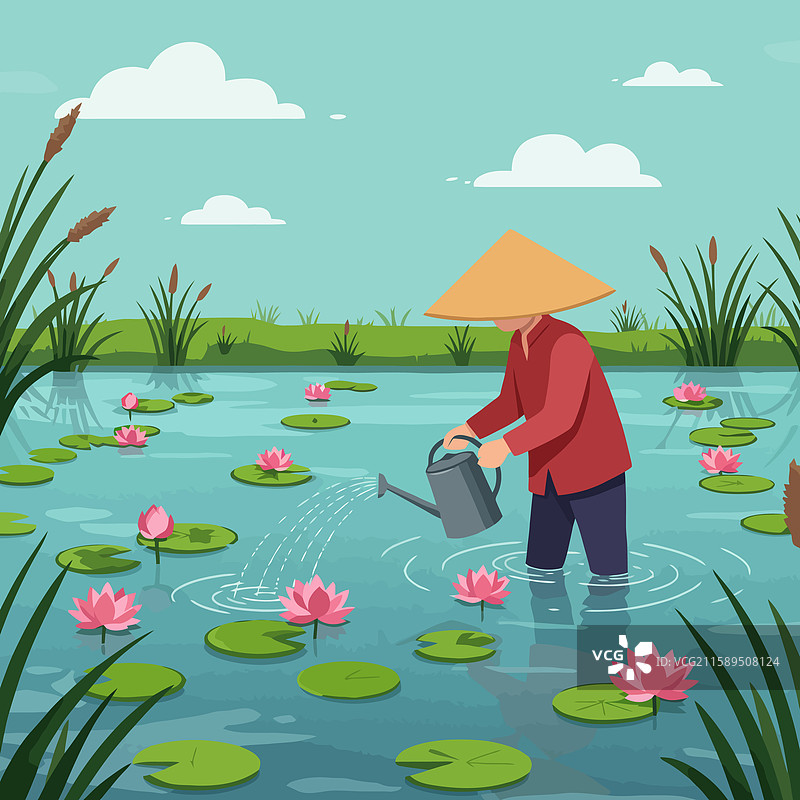 园丁在池塘中给睡莲浇水图片素材