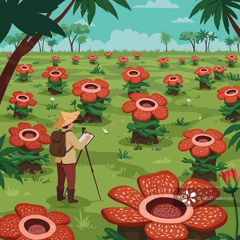 一个人在画有大王花的花田图片素材