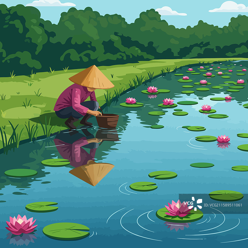 穿着衣物的人在池塘里收集睡莲叶图片素材