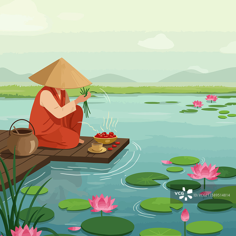 在木栈道上准备食物的人与莲花图片素材