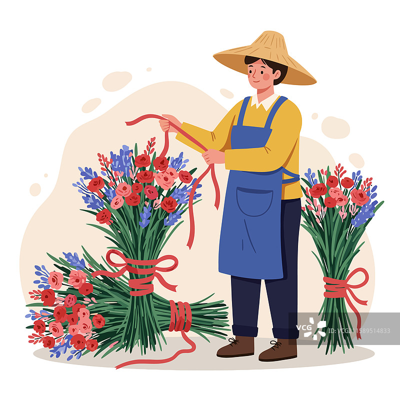 花艺师正在准备带有丝带的花束图片素材