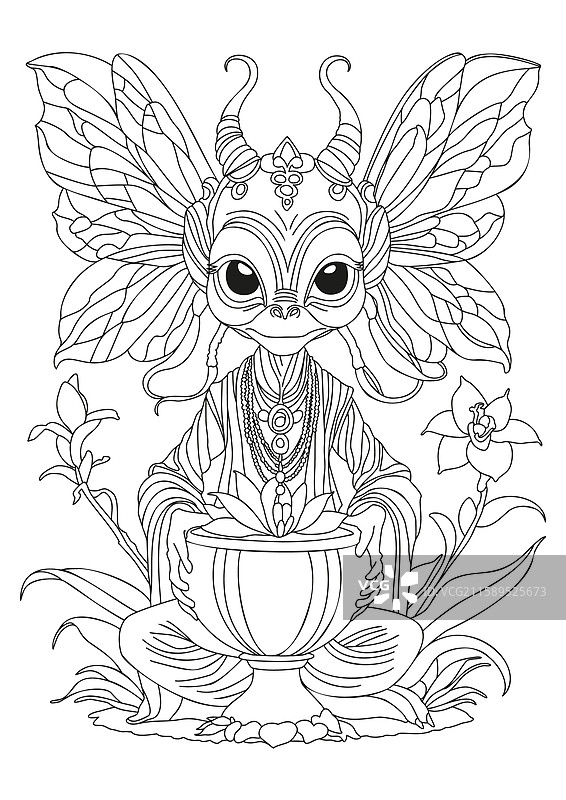 外星人坐着抱着一个花盆里的花，正在涂色图片素材