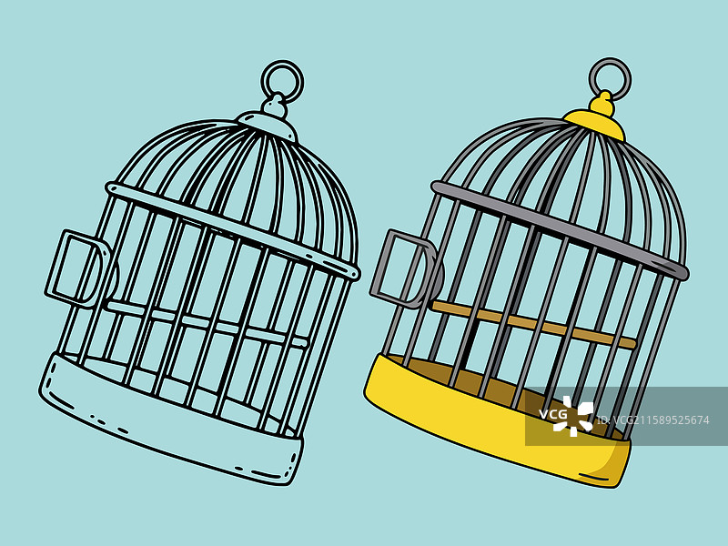 两只鸟笼的线条艺术和上色图图片素材