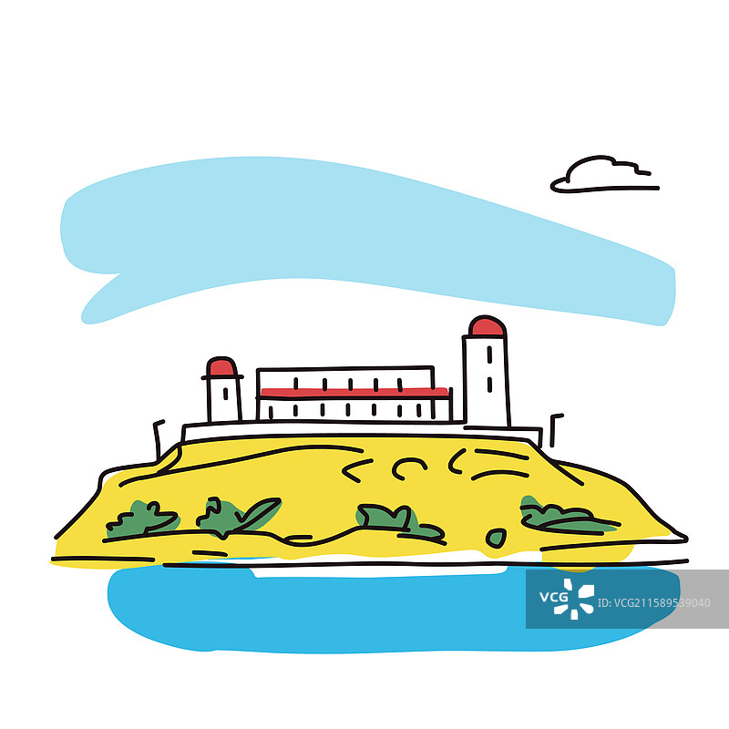 阿尔卡特拉斯岛以印加卡通风格的涂鸦呈现图片素材