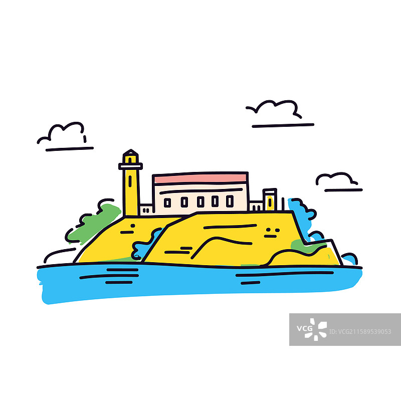 阿尔卡特拉斯岛以印加卡通风格的涂鸦呈现图片素材