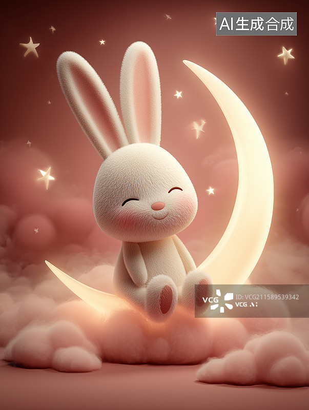 【AI数字艺术】一只卡通兔子靠在月亮上睡觉图片素材
