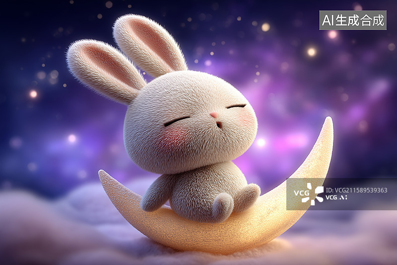 【AI数字艺术】一只卡通兔子靠在月亮上睡觉图片素材
