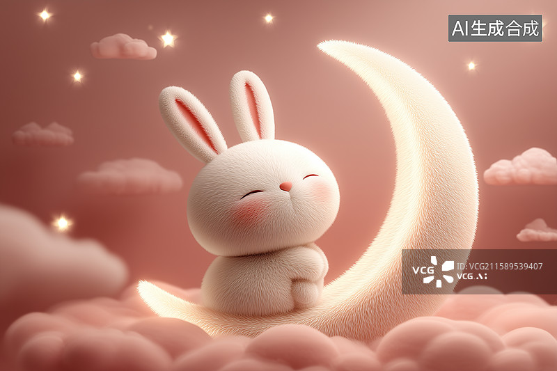 【AI数字艺术】一只卡通兔子靠在月亮上睡觉图片素材