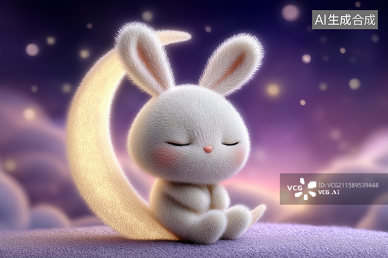 【AI数字艺术】一只卡通兔子靠在月亮上睡觉图片素材