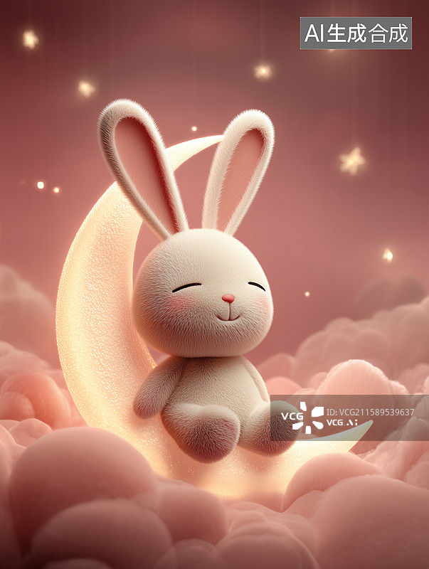 【AI数字艺术】一只卡通兔子靠在月亮上睡觉图片素材
