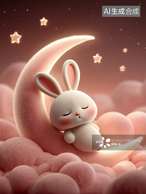 【AI数字艺术】一只卡通兔子靠在月亮上睡觉图片素材