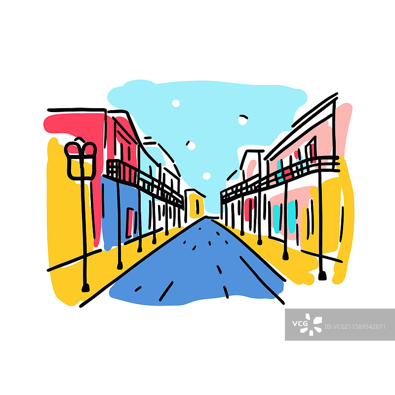 以涂鸦印加卡通风格描绘的波本街图片素材