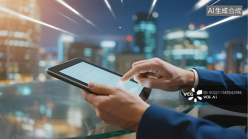 【AI数字艺术】商务人士夜景中使用平板电脑图片素材