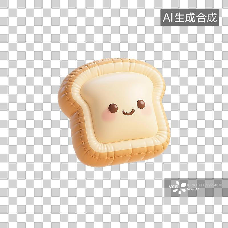【AI数字艺术】3D渲染，充气膨胀风格，可爱的卡通面包片，面包，吐司，面包片，美味食物免抠元素图片素材