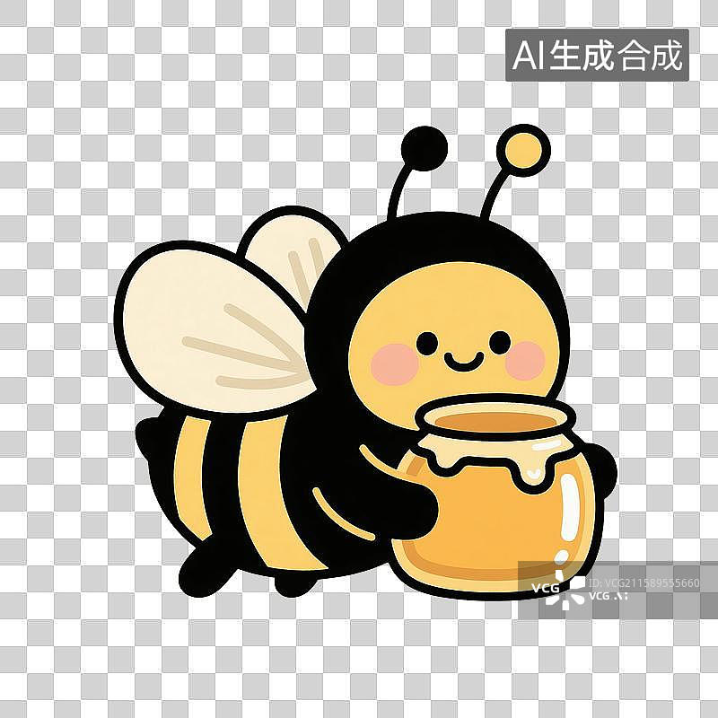 【AI数字艺术】治愈系手绘插画，可爱的卡通蜜蜂和蜂蜜，蜂王浆，美味，食品，春天，夏天，昆虫免抠元素图片素材