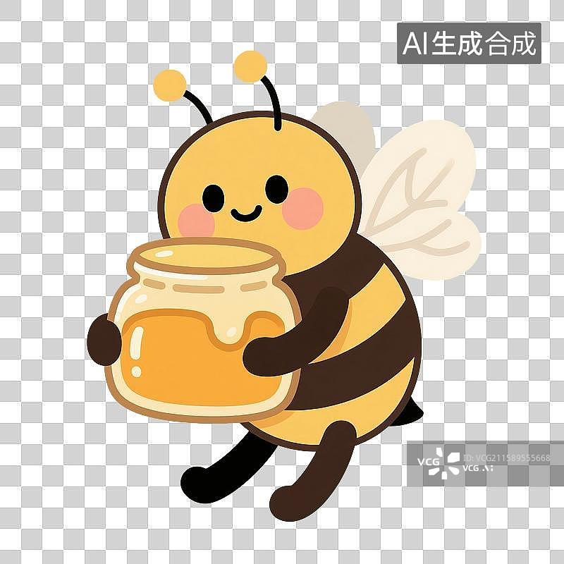 【AI数字艺术】治愈系手绘插画，可爱的卡通蜜蜂和蜂蜜，蜂王浆，美味，食品，春天，夏天，昆虫免抠元素图片素材