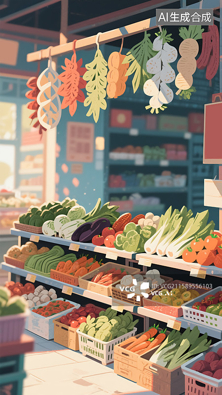 【AI数字艺术】菜市场的蔬菜瓜果插画图片素材