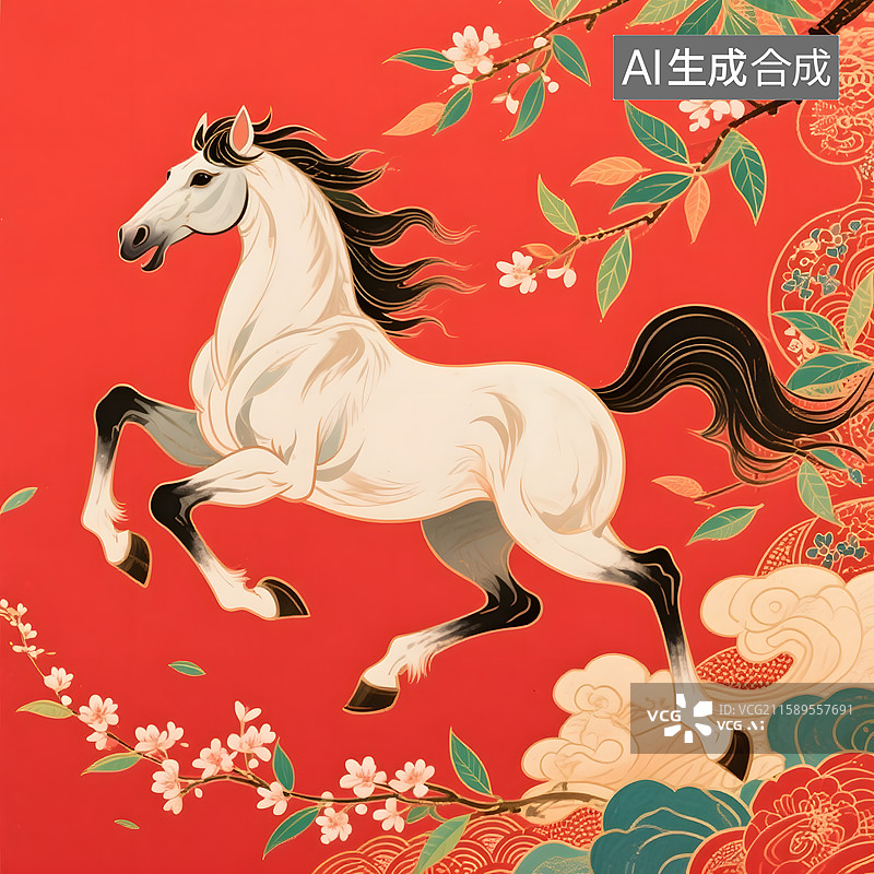 【AI数字艺术】马踏春风油画版画国画手绘刺绣浮雕玉器金箔画漆画琉璃马的造型图片素材