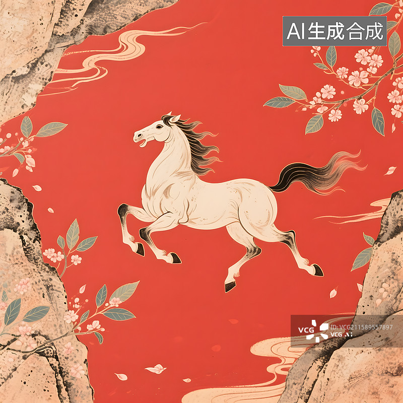 【AI数字艺术】马踏春风油画版画国画手绘刺绣浮雕玉器金箔画漆画琉璃马的造型图片素材