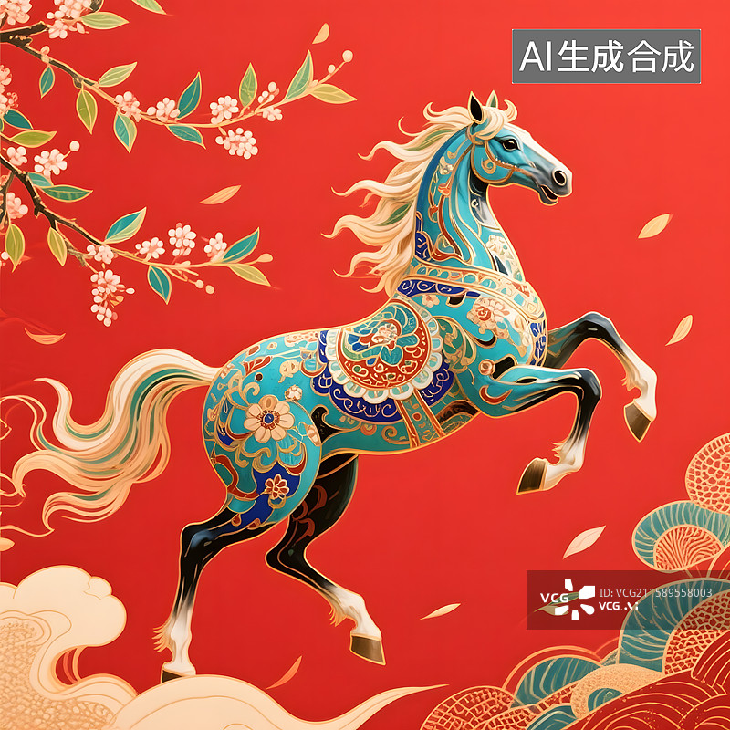 【AI数字艺术】马踏春风油画版画国画手绘刺绣浮雕玉器金箔画漆画琉璃马的造型图片素材
