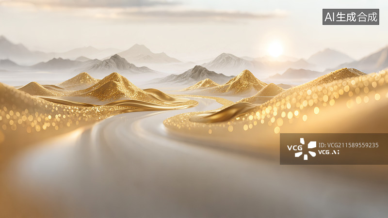 【AI数字艺术】唯美华丽山水画，金沙山水，粒子光图片素材