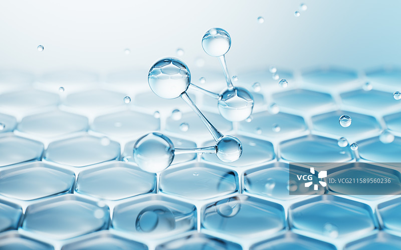 透明蓝色六边形背景与分子三维渲染图片素材