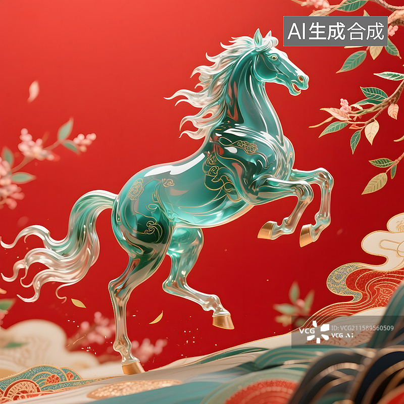 【AI数字艺术】神驹献瑞油画版画国画手绘刺绣浮雕玉器金箔画漆画琉璃马的造型图片素材