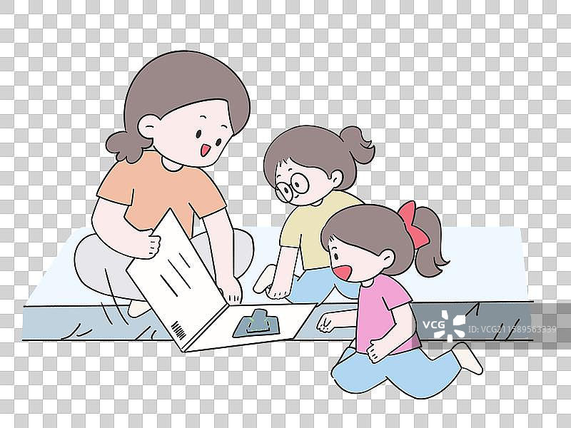妈妈陪孩子们阅读图片素材