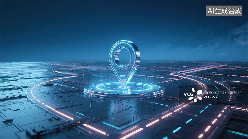 【AI数字艺术】科技风城市背景下的卫星定位图标——地图导航定位概念图片素材