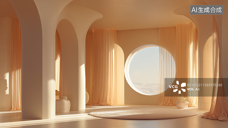 【AI数字艺术】现代桃色室内圆窗图片素材