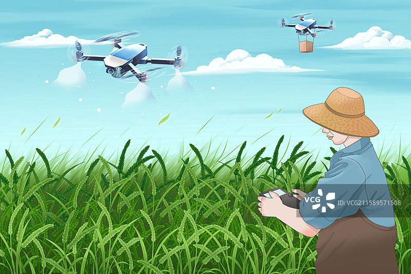 现代农作物种植无人机在稻田上喷射农药科技农场图片素材