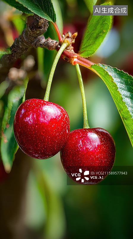 【AI数字艺术】枝头上的两颗鲜红樱桃图片素材