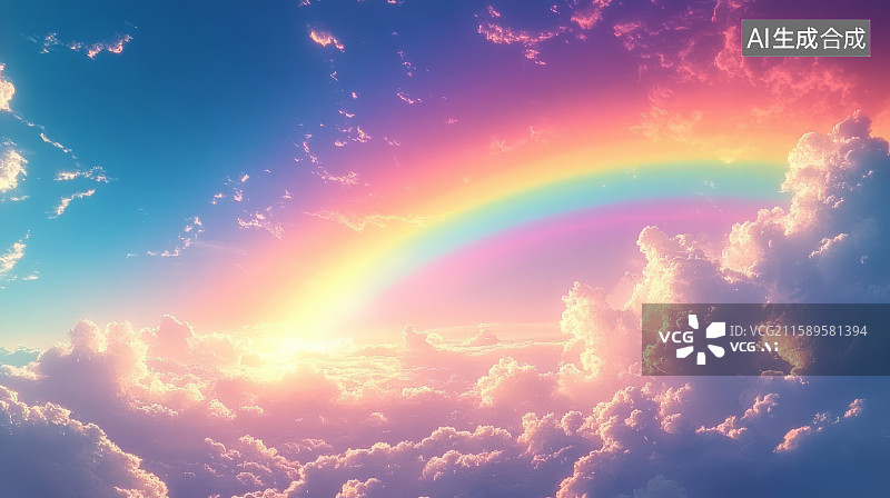 【AI数字艺术】日落黄昏时刻的天空中一道彩虹图片素材