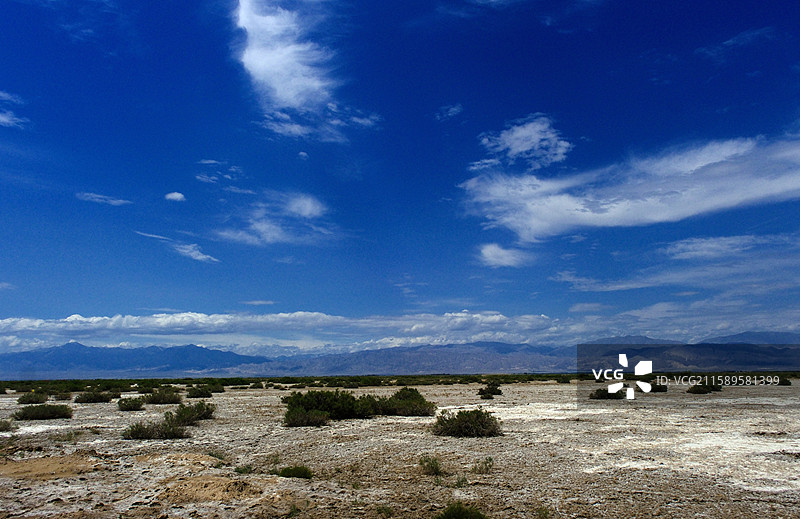 夏日新疆巴音郭楞和硕县博斯腾湖畔蓝天白云远山盐碱白地风景图片素材