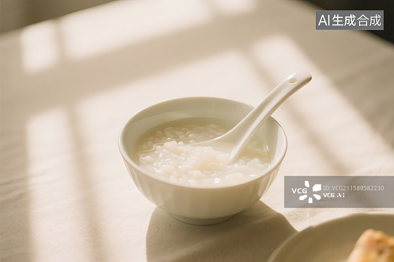 【AI数字艺术】阳光照射在桌面一碗白粥上图片素材