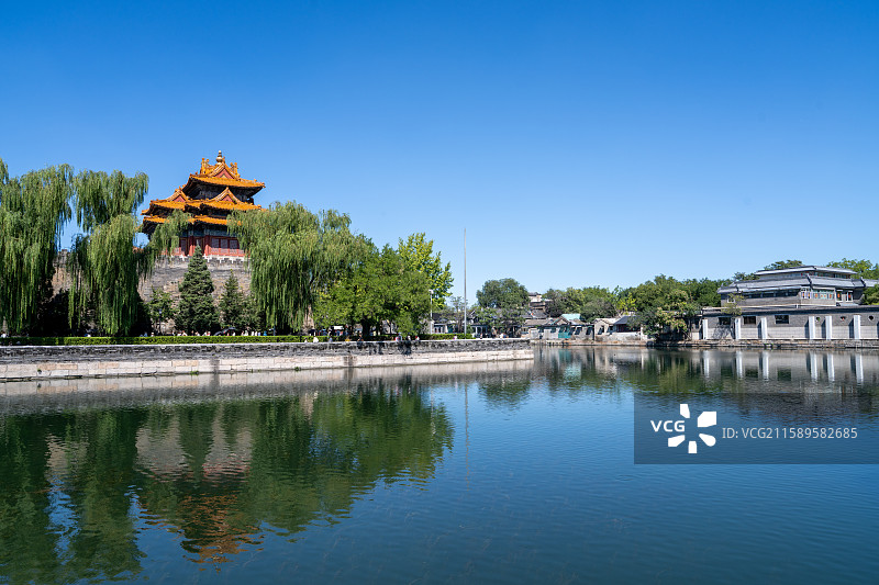 北京故宫筒子河：碧水蓝天与古建筑相映的静谧景观图片素材