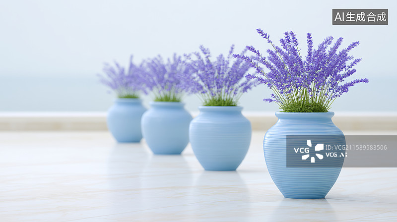 【AI数字艺术】浅蓝色花瓶里装着紫色的薰衣草图片素材