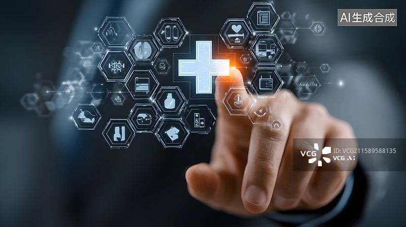 【AI数字艺术】手指触碰虚拟医疗图标界面图片素材