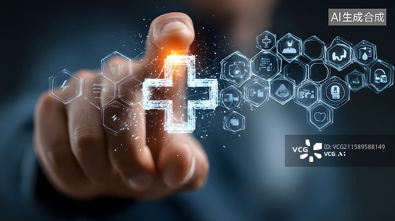 【AI数字艺术】手指触碰虚拟医疗图标图片素材