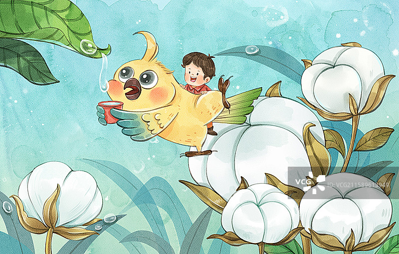 手绘水彩秋天寒露棉花与女孩小鸟治愈系横图插画图片素材