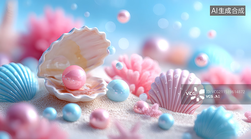 【AI数字艺术】彩色的贝壳周围布满珍珠图片素材