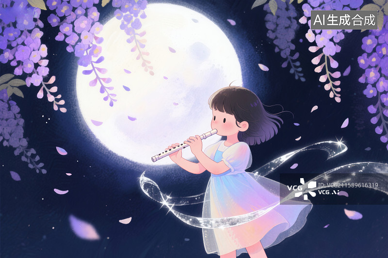 【AI数字艺术】一轮明月，盛开的紫罗兰，小女孩手拿长笛在演奏图片素材