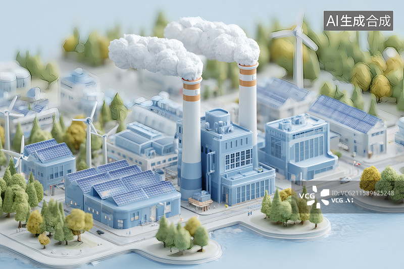 【AI数字艺术】一座火力发电站模型，烟囱中冒出的浓烟图片素材