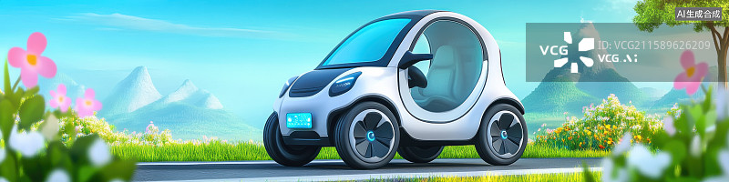 【AI数字艺术】未来智能电动车搭载人工智能传感器驰骋春日道路自动驾驶技术环保出行新能源电车绿色交通海报旅游背景花海草图片素材