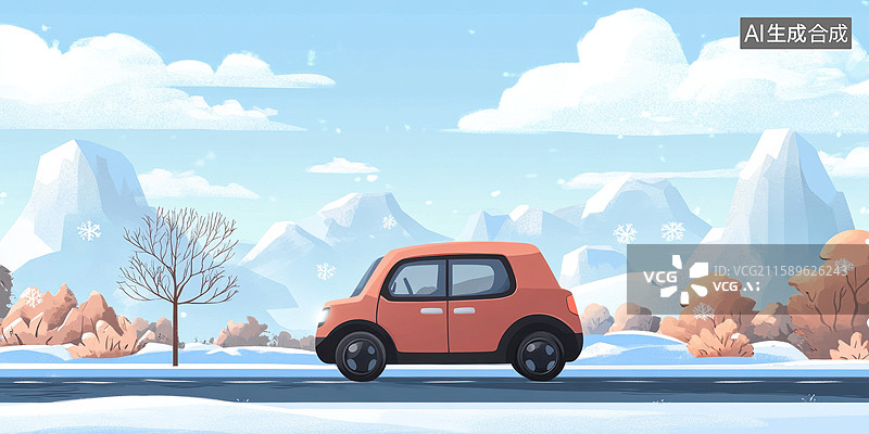 【AI数字艺术】未来智能电动车搭载人工智能传感器驰骋雪路冬日道路自动驾驶技术环保出行新能源电车绿色交通海报旅游背景图片素材
