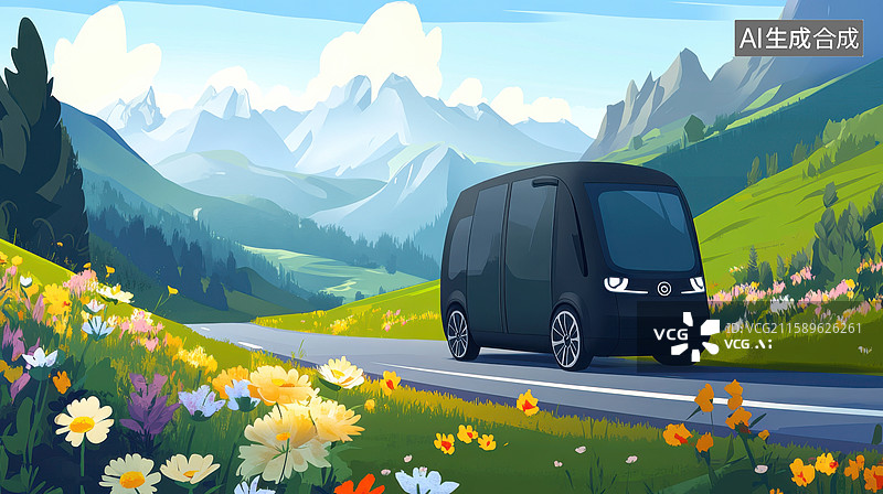 【AI数字艺术】未来智能电动车搭载人工智能传感器驰骋春日道路自动驾驶技术环保出行新能源电车绿色交通海报旅游背景花海草图片素材