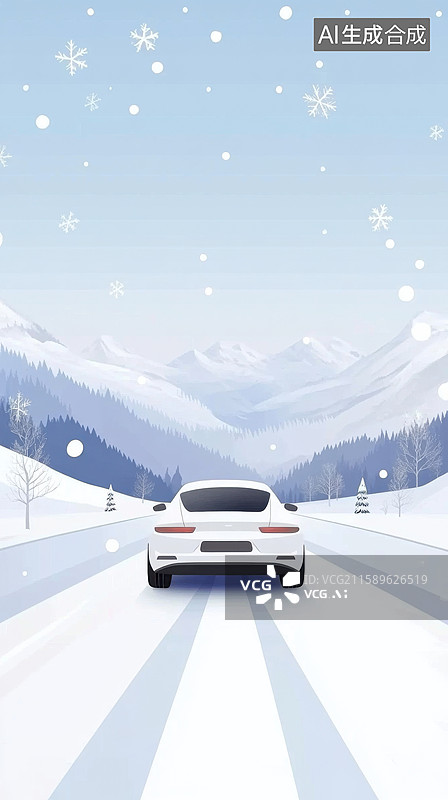 【AI数字艺术】未来智能电动车搭载人工智能传感器驰骋雪路冬日道路自动驾驶技术环保出行新能源电车绿色交通海报旅游背景图片素材