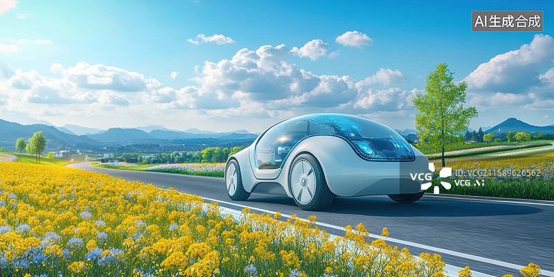 【AI数字艺术】未来智能电动车搭载人工智能传感器驰骋春日道路自动驾驶技术环保出行新能源电车绿色交通海报旅游背景花海草图片素材