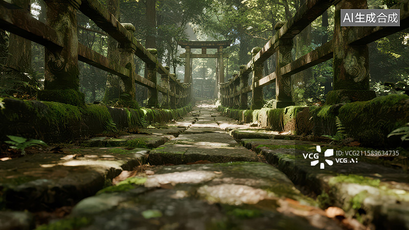 【AI数字艺术】石桥古道，林间神社图片素材