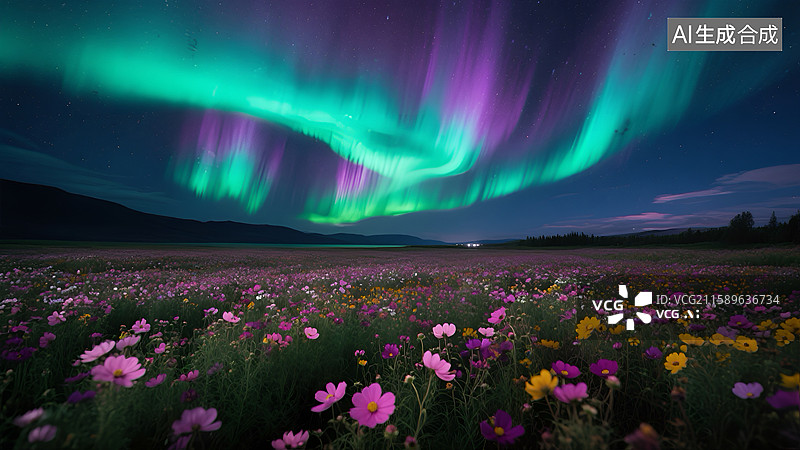 【AI数字艺术】绚丽极光下的多彩花海景色图片素材
